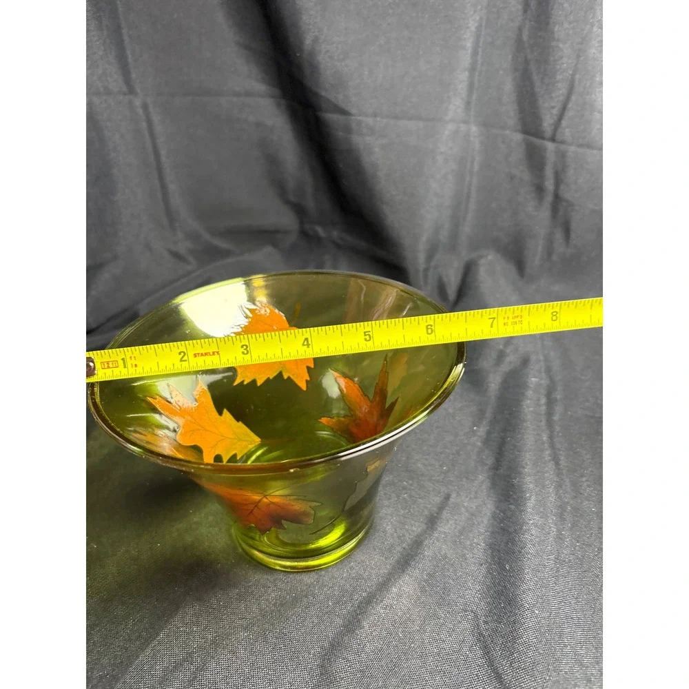 Olive Green Glass Candle Shade Hand Painted Fall Autumn Leaves Jar Topper‎ 6.5in
